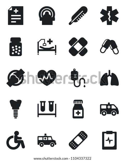 Set of vector isolated black icon - disabled\
vector, heart pulse, diagnosis, blood test vial, dropper,\
thermometer, pills, bottle, patch, tomography, ambulance star, car,\
hospital bed, lungs, joint