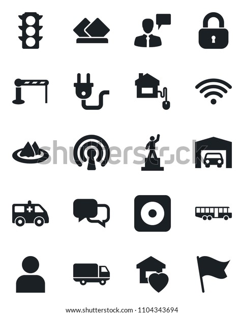 Set of vector isolated black icon - airport bus\
vector, barrier, speaking man, pedestal, ambulance car, traffic\
light, delivery, dialog, rec button, user, garage, lock, sweet\
home, wireless, control