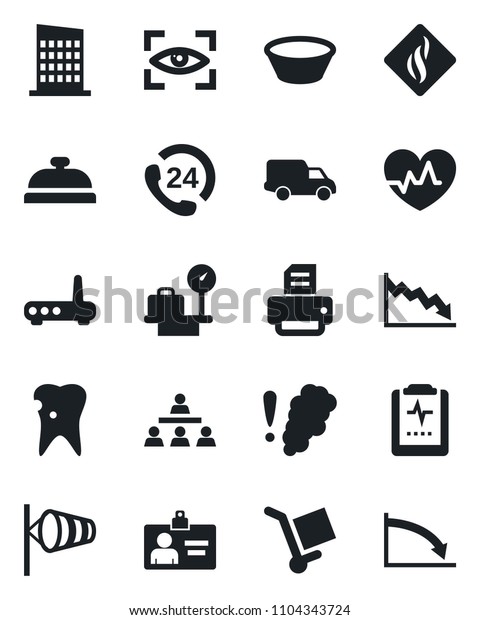 Set of vector isolated black icon - wind vector,\
luggage scales, identity card, printer, heart pulse, caries,\
clipboard, 24 hours, car delivery, cargo, hierarchy, city house,\
reception, bowl, router