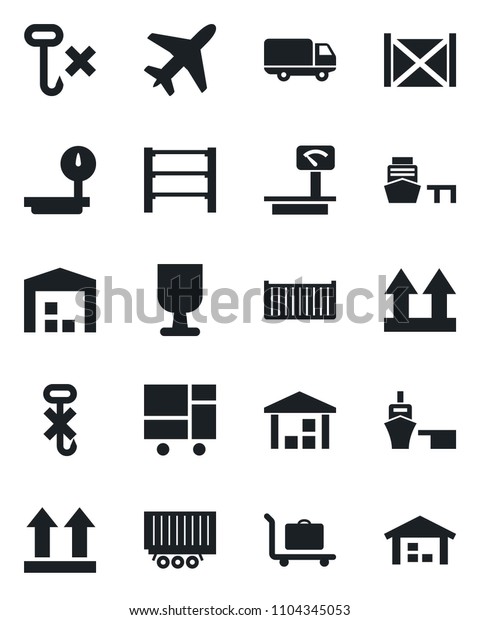 Set of vector isolated black icon - plane
vector, baggage trolley, truck trailer, cargo container, car
delivery, sea port, consolidated, fragile, up side sign, no hook,
warehouse, heavy scales,
rack