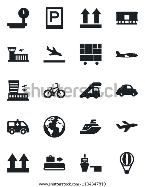 Set of vector isolated black icon - arrival\
vector, baggage conveyor, parking, ladder car, plane, airport\
building, ambulance, bike, earth, sea shipping, delivery, port,\
consolidated cargo,\
railroad