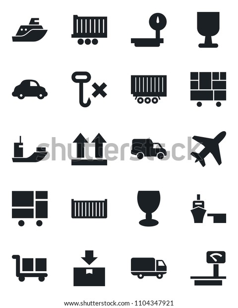 Set\
of vector isolated black icon - plane vector, sea shipping, truck\
trailer, cargo container, car delivery, port, consolidated,\
fragile, up side sign, no hook, package, heavy\
scales