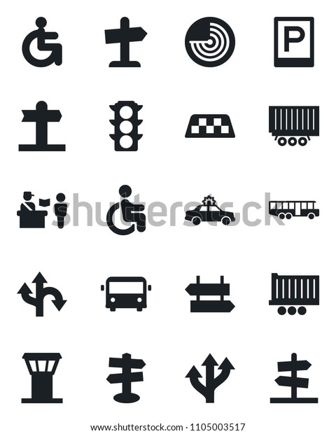 Set of\
vector isolated black icon - airport tower vector, taxi, bus,\
parking, passport control, signpost, alarm car, radar, disabled,\
route, traffic light, truck trailer,\
guidepost