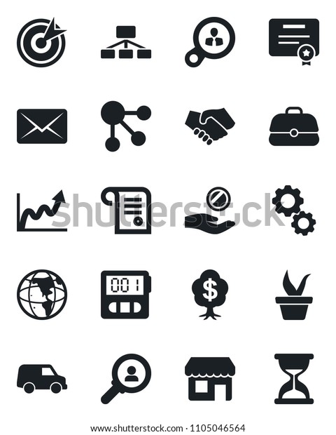 Set\
of vector isolated black icon - seedling vector, stopwatch, target,\
consumer search, gear, handshake, earth, growth graph, investment,\
case, car, social media, hierarchy, certificate,\
mail