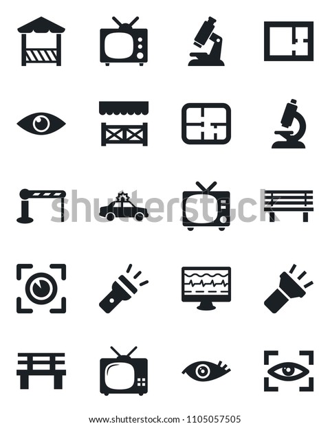Set of vector isolated black icon - barrier vector,
tv, alarm car, bench, monitor pulse, microscope, eye, torch, plan,
alcove, scan