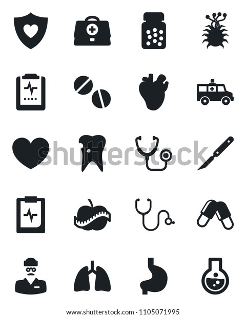 Set of vector isolated black icon - heart vector,\
doctor case, stethoscope, pills, bottle, scalpel, ambulance car,\
shield, stomach, lungs, real, caries, pulse clipboard, diet, virus,\
flask