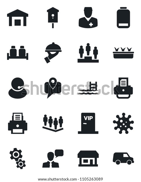 Set of vector isolated black icon - pedestal vector,\
team, printer, seedling, bird house, doctor, virus, store, support,\
mobile tracking, warehouse, speaker, low battery, pool, waiter, vip\
zone, car