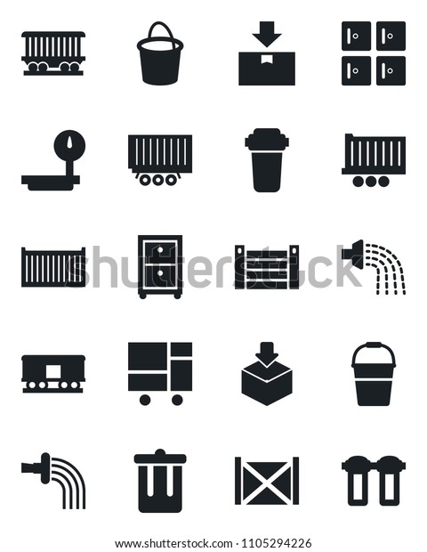 Set of vector isolated black icon - trash bin\
vector, checkroom, bucket, watering, railroad, truck trailer, cargo\
container, consolidated, package, heavy scales, archive box, water\
filter