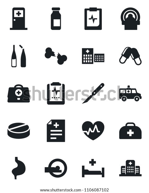 Set of vector isolated black icon - medical\
room vector, heart pulse, doctor case, diagnosis, pills, ampoule,\
scalpel, stomography, ambulance car, hospital bed, stomach, broken\
bone, clipboard