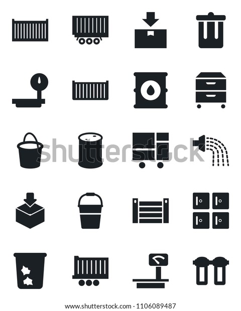Set of vector isolated black icon - trash bin\
vector, checkroom, bucket, watering, truck trailer, cargo\
container, consolidated, package, oil barrel, heavy scales, archive\
box, water filter