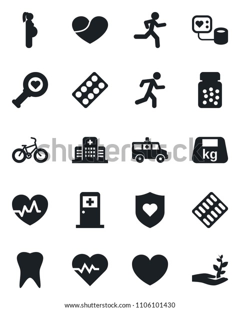 Set\
of vector isolated black icon - medical room vector, heart, pulse,\
blood pressure, diagnostic, pills bottle, blister, ambulance car,\
bike, run, shield, tooth, hospital, pregnancy,\
heavy