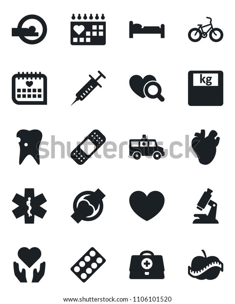 Set of vector isolated black icon - bed vector,
heart, doctor case, syringe, diagnostic, microscope, scales, pills
blister, patch, tomography, ambulance star, car, bike, hand, real,
caries, joint