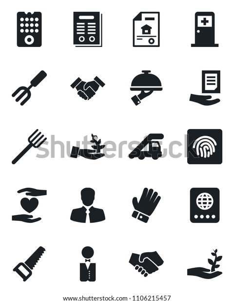 Set of vector isolated black icon - passport\
vector, ladder car, medical room, document, garden fork, farm,\
glove, saw, heart hand, client, fingerprint id, handshake,\
contract, estate, waiter