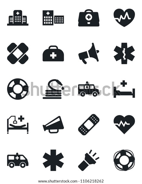Set of vector isolated black icon -\
hose vector, heart pulse, doctor case, patch, ambulance star, car,\
hospital bed, loudspeaker, torch, crisis\
management