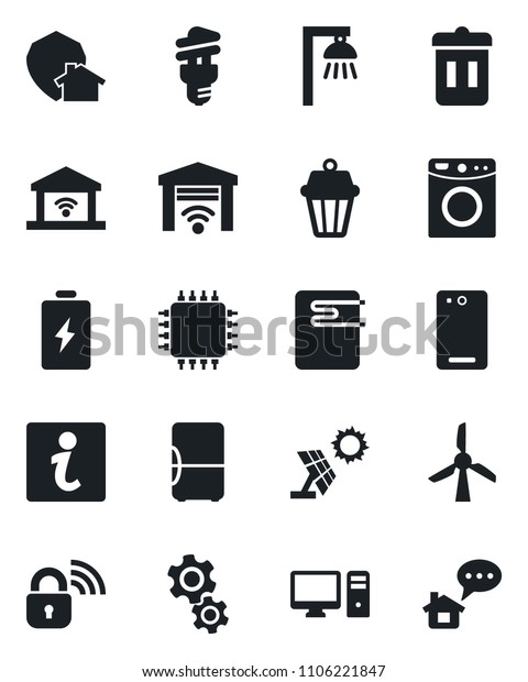 Set of vector isolated black icon - phone back\
vector, chip, wireless lock, water heater, pc, gear, washer, energy\
saving bulb, outdoor lamp, garage gate control, home protect, trash\
bin, fridge