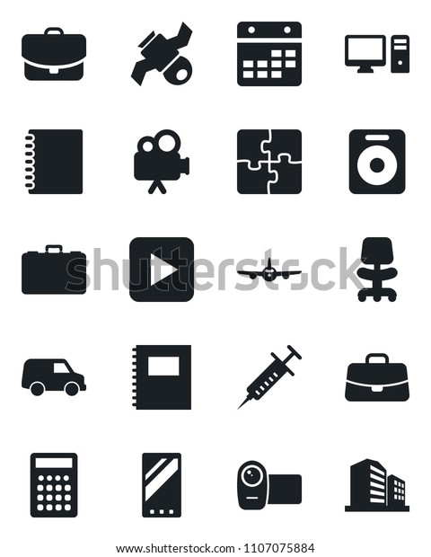 Set of vector isolated black icon - plane\
vector, office chair, case, syringe, satellite, video camera,\
speaker, play button, mobile, calendar, application, copybook, pc,\
calculator, car, building