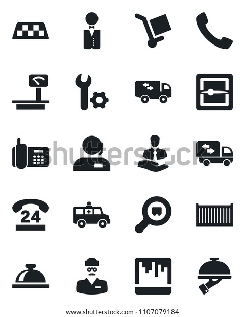 Set of vector isolated black icon - taxi vector,\
reception bell, ambulance car, doctor, office phone, 24 hours,\
client, cargo container, heavy scales, search, call, scanner, root\
setup, support