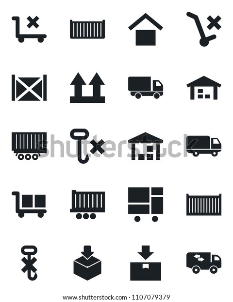 Set of vector\
isolated black icon - truck trailer vector, cargo container, car\
delivery, consolidated, warehouse storage, up side sign, no\
trolley, hook, package,\
moving