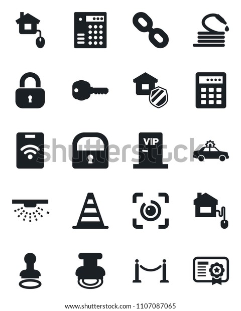 Set\
of vector isolated black icon - fence vector, alarm car, stamp,\
border cone, hose, chain, lock, eye id, key, estate insurance, vip\
zone, home control, combination, pass card,\
sprinkler