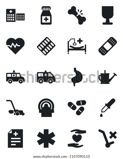 Set of vector isolated black icon - watering can\
vector, lawn mower, heart pulse, diagnosis, dropper, pills, bottle,\
blister, patch, tomography, ambulance star, car, hospital bed,\
hand, stomach