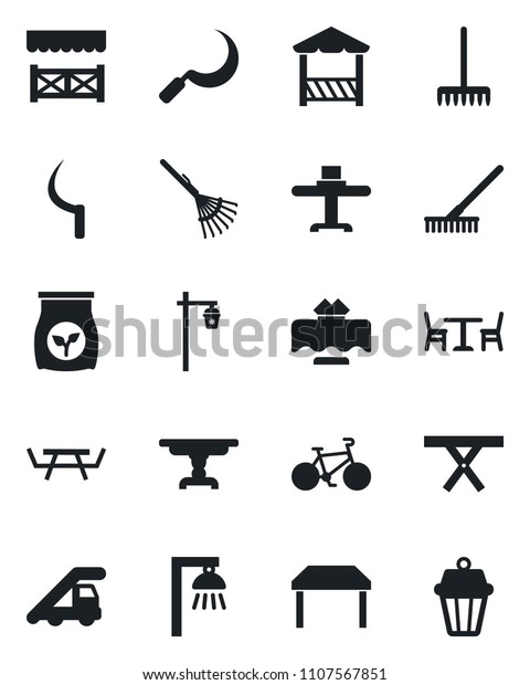 Set of vector isolated black icon -
cafe vector, ladder car, rake, sickle, garden light, picnic table,
fertilizer, bike, restaurant, alcove, outdoor
lamp