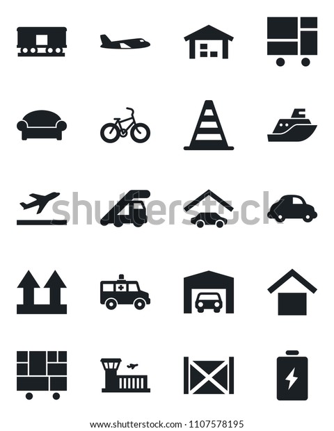Set of vector isolated black icon - departure\
vector, waiting area, ladder car, border cone, plane, airport\
building, ambulance, bike, sea shipping, delivery, container,\
consolidated cargo,\
railroad