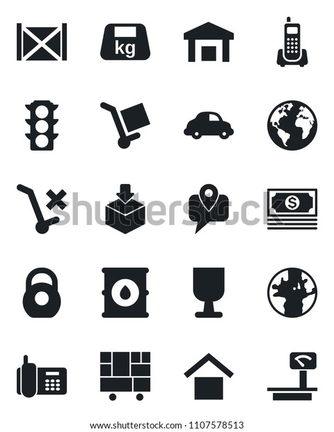 Set of vector isolated black icon - earth vector,\
cash, traffic light, office phone, mobile tracking, car delivery,\
container, consolidated cargo, fragile, warehouse storage, no\
trolley, package