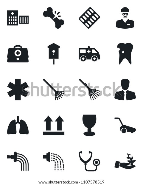 Set of vector isolated black icon - rake vector,\
watering, lawn mower, bird house, doctor case, stethoscope, pills\
blister, ambulance star, car, lungs, caries, broken bone, hospital,\
client, fragile