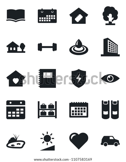 Set of vector isolated black icon - luggage storage\
vector, office building, book, tree, heart, barbell, eye, protect,\
calendar, brightness, copybook, house with, pond, sweet home,\
smart, water, car