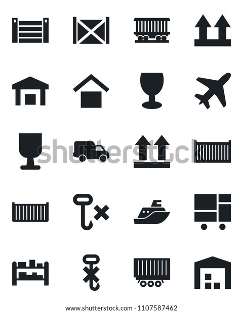 Set of vector isolated black icon - plane vector,\
railroad, sea shipping, truck trailer, cargo container, car\
delivery, consolidated, fragile, warehouse storage, up side sign,\
no hook, rack