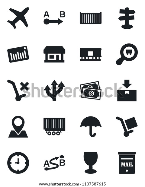 Set of vector isolated black icon - route vector,\
signpost, pin, store, plane, cash, truck trailer, cargo container,\
clock, fragile, umbrella, no trolley, package, search, barcode,\
railroad, mailbox