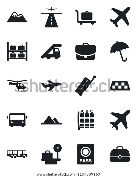 Set of vector isolated black icon - plane vector,\
runway, taxi, suitcase, baggage trolley, airport bus, umbrella,\
passport, ladder car, helicopter, seat map, luggage storage,\
scales, mountains, case