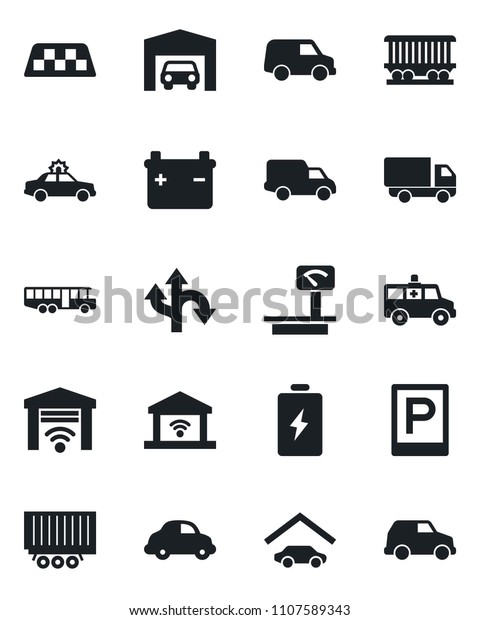Set of vector\
isolated black icon - taxi vector, airport bus, parking, alarm car,\
ambulance, route, railroad, truck trailer, delivery, heavy scales,\
garage, gate control,\
battery