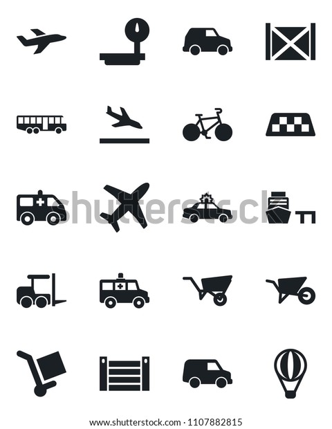 Set of\
vector isolated black icon - taxi vector, arrival, airport bus,\
alarm car, fork loader, wheelbarrow, ambulance, bike, plane, sea\
port, container, cargo, heavy scales, air\
balloon
