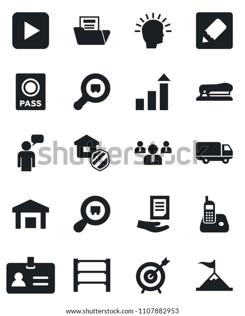 Set of vector isolated black icon - passport\
vector, identity, speaking man, growth statistic, team, document,\
car delivery, warehouse, search cargo, rack, radio phone, play\
button, notes, folder