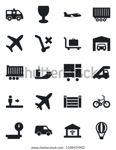 Set of vector isolated black icon - plane vector,
baggage trolley, escalator, ladder car, ambulance, bike, sea
shipping, truck trailer, container, consolidated cargo, fragile,
no, heavy scales