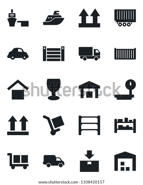 Set of vector\
isolated black icon - sea shipping vector, truck trailer, cargo\
container, car delivery, port, fragile, warehouse storage, up side\
sign, package, heavy scales,\
rack