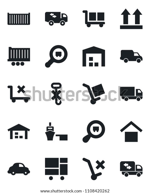 Set of\
vector isolated black icon - truck trailer vector, cargo container,\
car delivery, sea port, consolidated, warehouse storage, up side\
sign, no trolley, hook, search,\
moving
