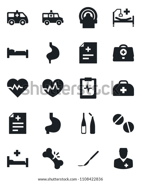 Set of\
vector isolated black icon - bed vector, heart pulse, doctor case,\
diagnosis, pills, ampoule, scalpel, tomography, ambulance car,\
hospital, stomach, broken bone,\
clipboard