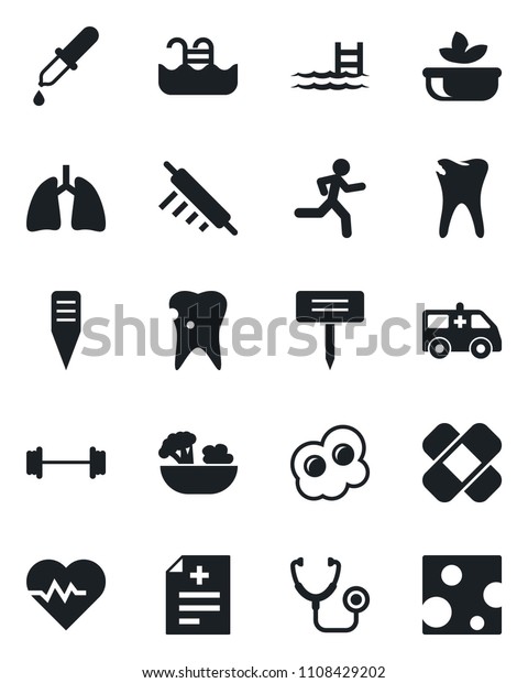Set of vector isolated black icon - plant label\
vector, heart pulse, diagnosis, stethoscope, dropper, patch,\
ambulance car, barbell, run, lungs, caries, pool, salad, rolling\
pin, omelette, cheese
