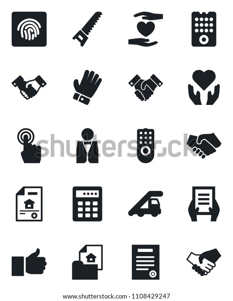 Set of vector isolated black icon - ladder car\
vector, handshake, document, glove, saw, heart hand, touch screen,\
finger up, fingerprint id, contract, estate, waiter, remote\
control