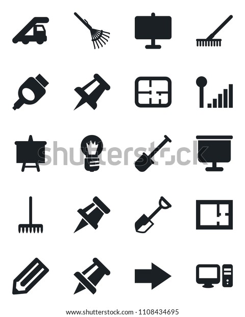 Set of vector isolated black\
icon - right arrow vector, ladder car, presentation board, drawing\
pin, bulb, pencil, shovel, rake, hdmi, cellular signal, plan,\
pc