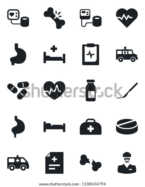 Set of\
vector isolated black icon - bed vector, heart pulse, doctor case,\
diagnosis, blood pressure, pills, ampoule, scalpel, ambulance car,\
hospital, stomach, broken bone,\
clipboard
