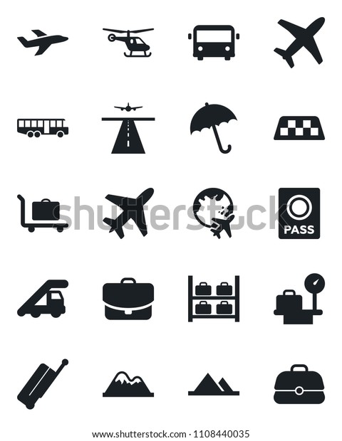 Set of vector isolated black icon - plane vector,\
runway, taxi, suitcase, baggage trolley, airport bus, umbrella,\
passport, ladder car, helicopter, luggage storage, scales, globe,\
mountains, case