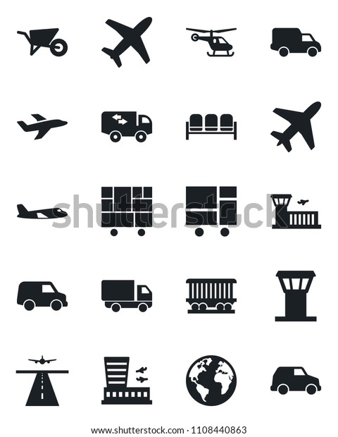 Set of\
vector isolated black icon - plane vector, airport tower, runway,\
waiting area, helicopter, building, wheelbarrow, earth, railroad,\
car delivery, consolidated cargo,\
moving