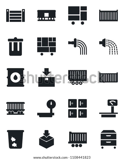 Set of\
vector isolated black icon - trash bin vector, checkroom, watering,\
railroad, truck trailer, cargo container, consolidated, package,\
oil barrel, heavy scales, archive\
box