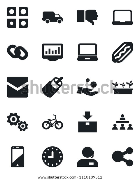 Set of vector isolated black icon - seedling\
vector, bike, car delivery, clock, package, cell phone, laptop pc,\
chain, finger down, rca, mail, application, monitor statistics,\
support, notebook