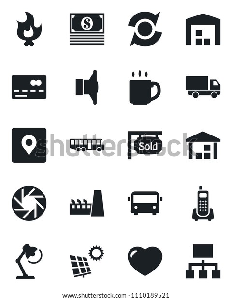 Set of vector isolated black icon - airport bus\
vector, credit card, fire, office phone, car delivery, warehouse,\
speaker, heart, mobile camera, place tag, update, coffee, desk\
lamp, sun panel, cash