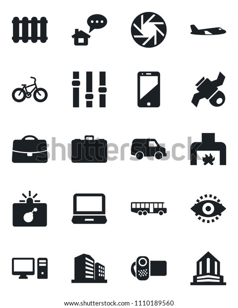 Set of vector isolated black icon - airport bus\
vector, bomb in case, plane, bike, satellite, settings, video\
camera, cell phone, laptop pc, mobile, eye id, fireplace, radiator,\
home message, car