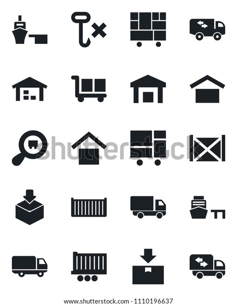 Set of vector isolated\
black icon - truck trailer vector, cargo container, car delivery,\
sea port, consolidated, warehouse storage, no hook, package,\
search, moving